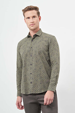 Koyu Haki Uzun Kol Baskılı Bez Ayağı Yarım İtalyan Yaka Cepsiz Pamuklu Classic Slim Fit Gömlek 1004245222