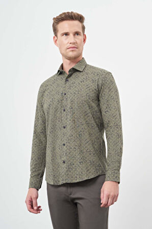 Koyu Haki Uzun Kol Baskılı Bez Ayağı Yarım İtalyan Yaka Cepsiz Pamuklu Classic Slim Fit Gömlek 1004245222