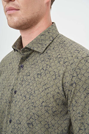 Koyu Haki Uzun Kol Baskılı Bez Ayağı Yarım İtalyan Yaka Cepsiz Pamuklu Classic Slim Fit Gömlek 1004245222