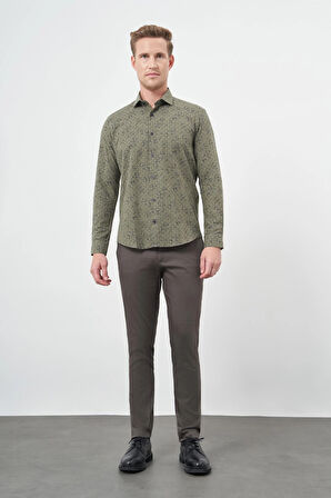 Koyu Haki Uzun Kol Baskılı Bez Ayağı Yarım İtalyan Yaka Cepsiz Pamuklu Classic Slim Fit Gömlek 1004245222