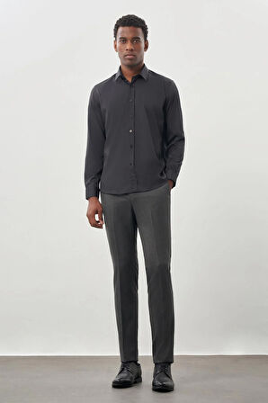Koyu Antrasit Uzun Kol Düz Bez Ayağı Sert Yaka Cepsiz Esnek Classic Slim Fit Gömlek 1004245223_070
