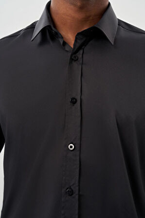 Koyu Antrasit Uzun Kol Düz Bez Ayağı Sert Yaka Cepsiz Esnek Classic Slim Fit Gömlek 1004245223_070