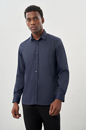Koyu Lacivert Uzun Kol Düz Bez Ayağı Sert Yaka Cepsiz Esnek Classic Slim Fit Gömlek 1004245223_200