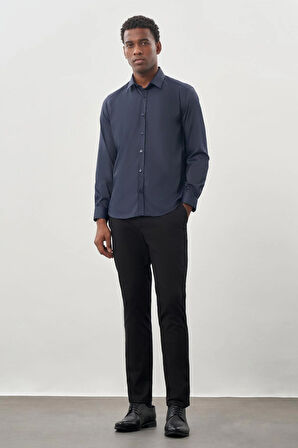 Koyu Lacivert Uzun Kol Düz Bez Ayağı Sert Yaka Cepsiz Esnek Classic Slim Fit Gömlek 1004245223_200