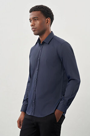 Koyu Lacivert Uzun Kol Düz Bez Ayağı Sert Yaka Cepsiz Esnek Classic Slim Fit Gömlek 1004245223_200