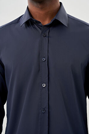 Koyu Lacivert Uzun Kol Düz Bez Ayağı Sert Yaka Cepsiz Esnek Classic Slim Fit Gömlek 1004245223_200