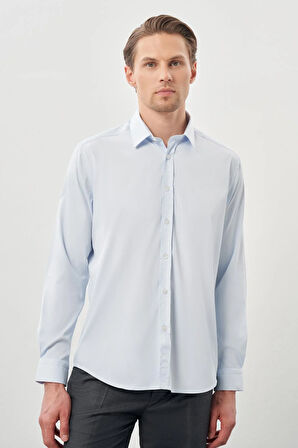 Koyu Mavi Uzun Kol Düz Bez Ayağı Sert Yaka Cepsiz Esnek Classic Slim Fit Gömlek 1004245223_300