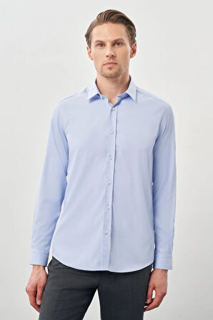 Mavi Uzun Kol Düz Bez Ayağı Sert Yaka Cepsiz Esnek Classic Slim Fit Gömlek 1004245223_301
