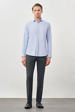 Mavi Uzun Kol Düz Bez Ayağı Sert Yaka Cepsiz Esnek Classic Slim Fit Gömlek 1004245223_301