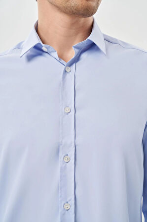 Mavi Uzun Kol Düz Bez Ayağı Sert Yaka Cepsiz Esnek Classic Slim Fit Gömlek 1004245223_301