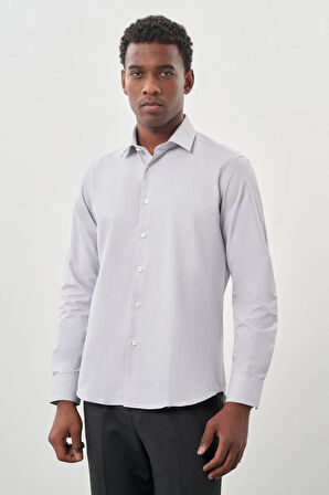 Gri Uzun Kol Kendinden Desenli Armürlü Sert Yaka Cepsiz Pamuklu Classic Slim Fit Gömlek 1004245226_100