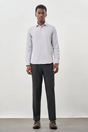 Gri Uzun Kol Kendinden Desenli Armürlü Sert Yaka Cepsiz Pamuklu Classic Slim Fit Gömlek 1004245226_100