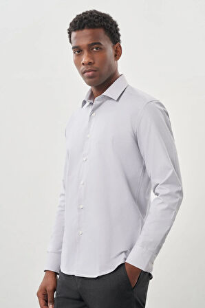 Gri Uzun Kol Kendinden Desenli Armürlü Sert Yaka Cepsiz Pamuklu Classic Slim Fit Gömlek 1004245226_100