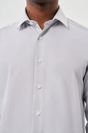 Gri Uzun Kol Kendinden Desenli Armürlü Sert Yaka Cepsiz Pamuklu Classic Slim Fit Gömlek 1004245226_100