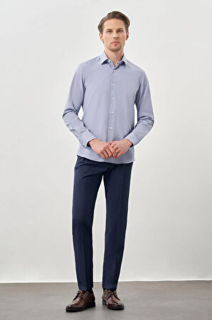 Koyu Lacivert Uzun Kol Kendinden Desenli Armürlü Sert Yaka Cepsiz Pamuklu Classic Slim Fit Gömlek 1004245226_200