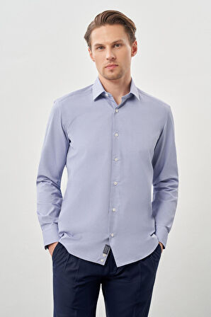 Koyu Lacivert Uzun Kol Kendinden Desenli Armürlü Sert Yaka Cepsiz Pamuklu Classic Slim Fit Gömlek 1004245226_200