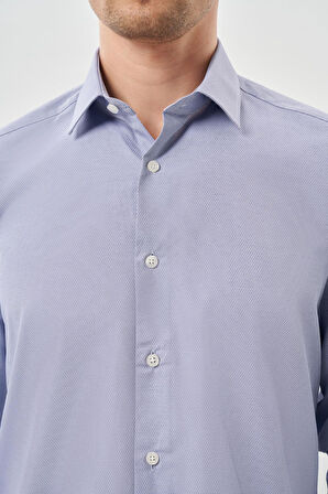 Koyu Lacivert Uzun Kol Kendinden Desenli Armürlü Sert Yaka Cepsiz Pamuklu Classic Slim Fit Gömlek 1004245226_200