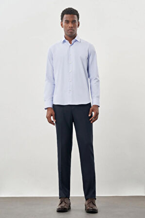 Koyu Mavi Uzun Kol Kendinden Desenli Armürlü Sert Yaka Cepsiz Pamuklu Classic Slim Fit Gömlek 1004245226_300