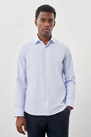 Koyu Mavi Uzun Kol Kendinden Desenli Armürlü Sert Yaka Cepsiz Pamuklu Classic Slim Fit Gömlek 1004245226_300