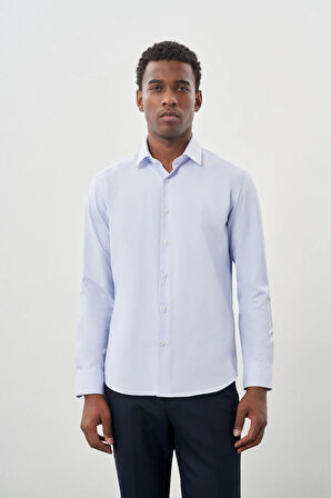 Koyu Mavi Uzun Kol Kendinden Desenli Armürlü Sert Yaka Cepsiz Pamuklu Classic Slim Fit Gömlek 1004245226_300