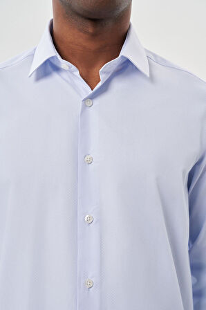 Koyu Mavi Uzun Kol Kendinden Desenli Armürlü Sert Yaka Cepsiz Pamuklu Classic Slim Fit Gömlek 1004245226_300