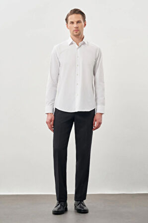 Beyaz Uzun Kol Kendinden Desenli Armürlü Sert Yaka Cepsiz Pamuklu Classic Slim Fit Gömlek 1004245226_600
