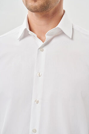 Beyaz Uzun Kol Kendinden Desenli Armürlü Sert Yaka Cepsiz Pamuklu Classic Slim Fit Gömlek 1004245226_600