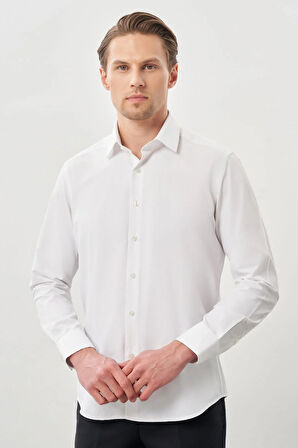 Beyaz Uzun Kol Kendinden Desenli Armürlü Sert Yaka Cepsiz Pamuklu Classic Slim Fit Gömlek 1004245226_600