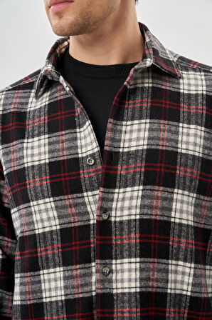 Siyah Yünlü Ekose Desen Yumuşak Yaka Cepsiz Uzun Kol Casual Comfort Fit Gömlek 1004245227