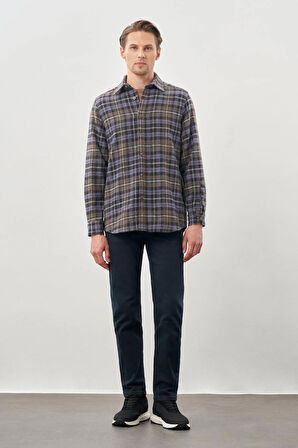 Koyu Antrasit Yünlü Ekose Desen Yumuşak Yaka Cepsiz Uzun Kol Casual Comfort Fit Gömlek 1004245227