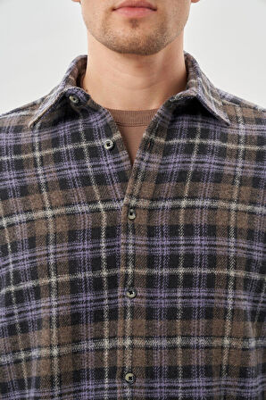 Koyu Antrasit Yünlü Ekose Desen Yumuşak Yaka Cepsiz Uzun Kol Casual Comfort Fit Gömlek 1004245227