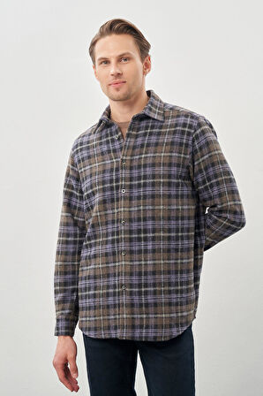 Koyu Antrasit Yünlü Ekose Desen Yumuşak Yaka Cepsiz Uzun Kol Casual Comfort Fit Gömlek 1004245227