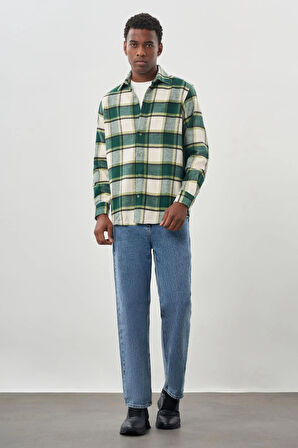 Koyu Lacivert Yünlü Ekose Desen Yumuşak Yaka Cepsiz Uzun Kol Casual Comfort Fit Gömlek 1004245227