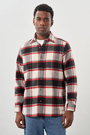 Lacivert Yünlü Ekose Desen Yumuşak Yaka Cepsiz Uzun Kol Casual Comfort Fit Gömlek 1004245227