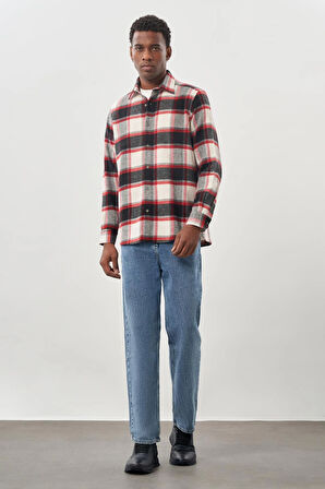 Lacivert Yünlü Ekose Desen Yumuşak Yaka Cepsiz Uzun Kol Casual Comfort Fit Gömlek 1004245227