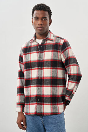 Lacivert Yünlü Ekose Desen Yumuşak Yaka Cepsiz Uzun Kol Casual Comfort Fit Gömlek 1004245227