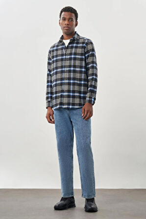 Lacivert Yünlü Ekose Desen Yumuşak Yaka Cepsiz Uzun Kol Casual Comfort Fit Gömlek 1004245227