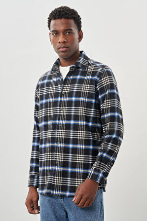 Lacivert Yünlü Ekose Desen Yumuşak Yaka Cepsiz Uzun Kol Casual Comfort Fit Gömlek 1004245227