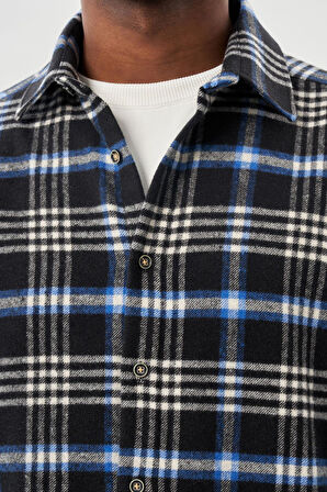 Lacivert Yünlü Ekose Desen Yumuşak Yaka Cepsiz Uzun Kol Casual Comfort Fit Gömlek 1004245227