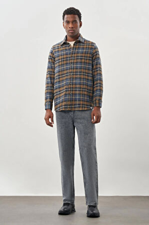 Lacivert Yünlü Ekose Desen Yumuşak Yaka Cepsiz Uzun Kol Casual Comfort Fit Gömlek 1004245227