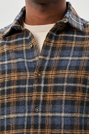 Lacivert Yünlü Ekose Desen Yumuşak Yaka Cepsiz Uzun Kol Casual Comfort Fit Gömlek 1004245227