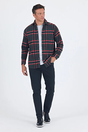 Lacivert Yünlü Ekose Desen Yumuşak Yaka Cepsiz Uzun Kol Casual Comfort Fit Gömlek 1004245227