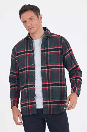 Lacivert Yünlü Ekose Desen Yumuşak Yaka Cepsiz Uzun Kol Casual Comfort Fit Gömlek 1004245227