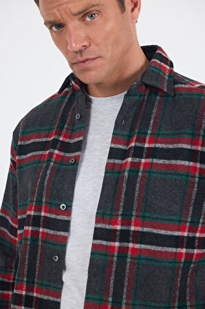 Lacivert Yünlü Ekose Desen Yumuşak Yaka Cepsiz Uzun Kol Casual Comfort Fit Gömlek 1004245227