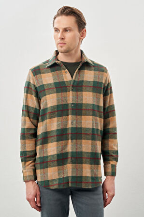 Camel Yünlü Ekose Desen Yumuşak Yaka Cepsiz Uzun Kol Casual Comfort Fit Gömlek 1004245227