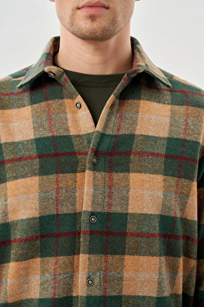 Camel Yünlü Ekose Desen Yumuşak Yaka Cepsiz Uzun Kol Casual Comfort Fit Gömlek 1004245227