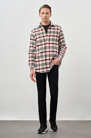 Açık Krem Yünlü Ekose Desen Yumuşak Yaka Cepsiz Uzun Kol Casual Comfort Fit Gömlek 1004245227