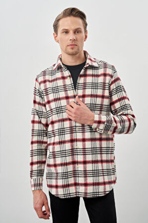 Açık Krem Yünlü Ekose Desen Yumuşak Yaka Cepsiz Uzun Kol Casual Comfort Fit Gömlek 1004245227