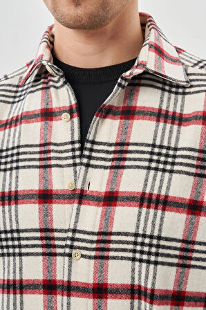 Açık Krem Yünlü Ekose Desen Yumuşak Yaka Cepsiz Uzun Kol Casual Comfort Fit Gömlek 1004245227