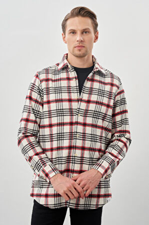 Açık Krem Yünlü Ekose Desen Yumuşak Yaka Cepsiz Uzun Kol Casual Comfort Fit Gömlek 1004245227